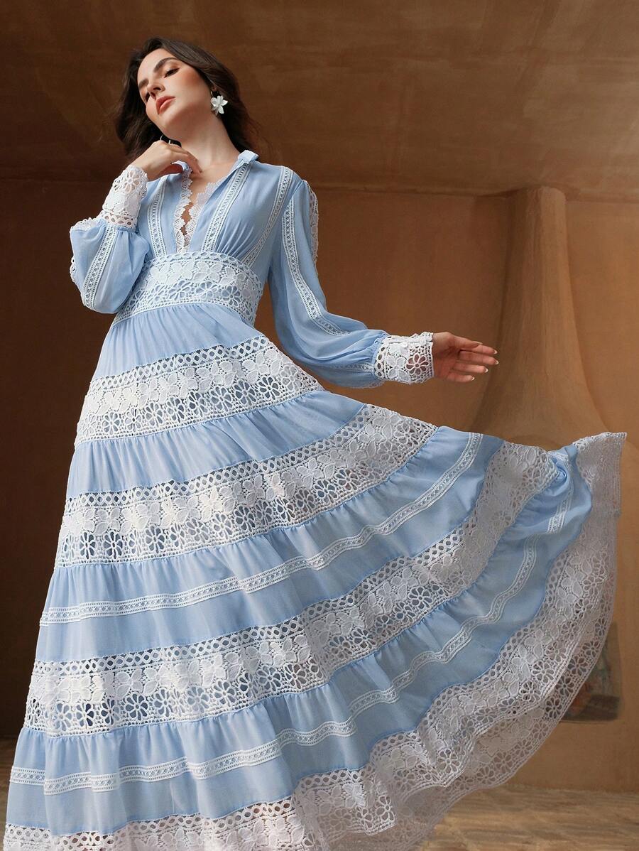 Anewsta Vestido Longo de Renda Macia com Recorte Oco Estilo Palácio da Moda Francesa, Adequado para Primavera, Festival, Férias