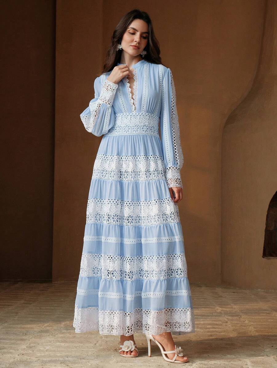 Anewsta Vestido Longo de Renda Macia com Recorte Oco Estilo Palácio da Moda Francesa, Adequado para Primavera, Festival, Férias