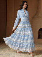 Anewsta Vestido Longo de Renda Macia com Recorte Oco Estilo Palácio da Moda Francesa, Adequado para Primavera, Festival, Férias