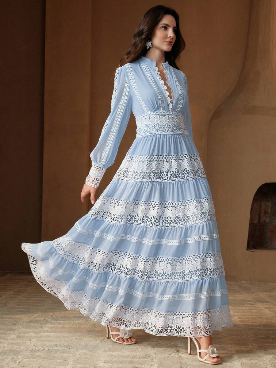 Anewsta Vestido Longo de Renda Macia com Recorte Oco Estilo Palácio da Moda Francesa, Adequado para Primavera, Festival, Férias
