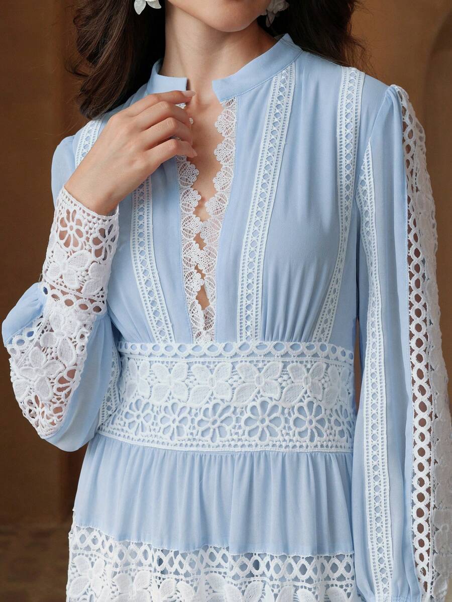 Anewsta Vestido Longo de Renda Macia com Recorte Oco Estilo Palácio da Moda Francesa, Adequado para Primavera, Festival, Férias