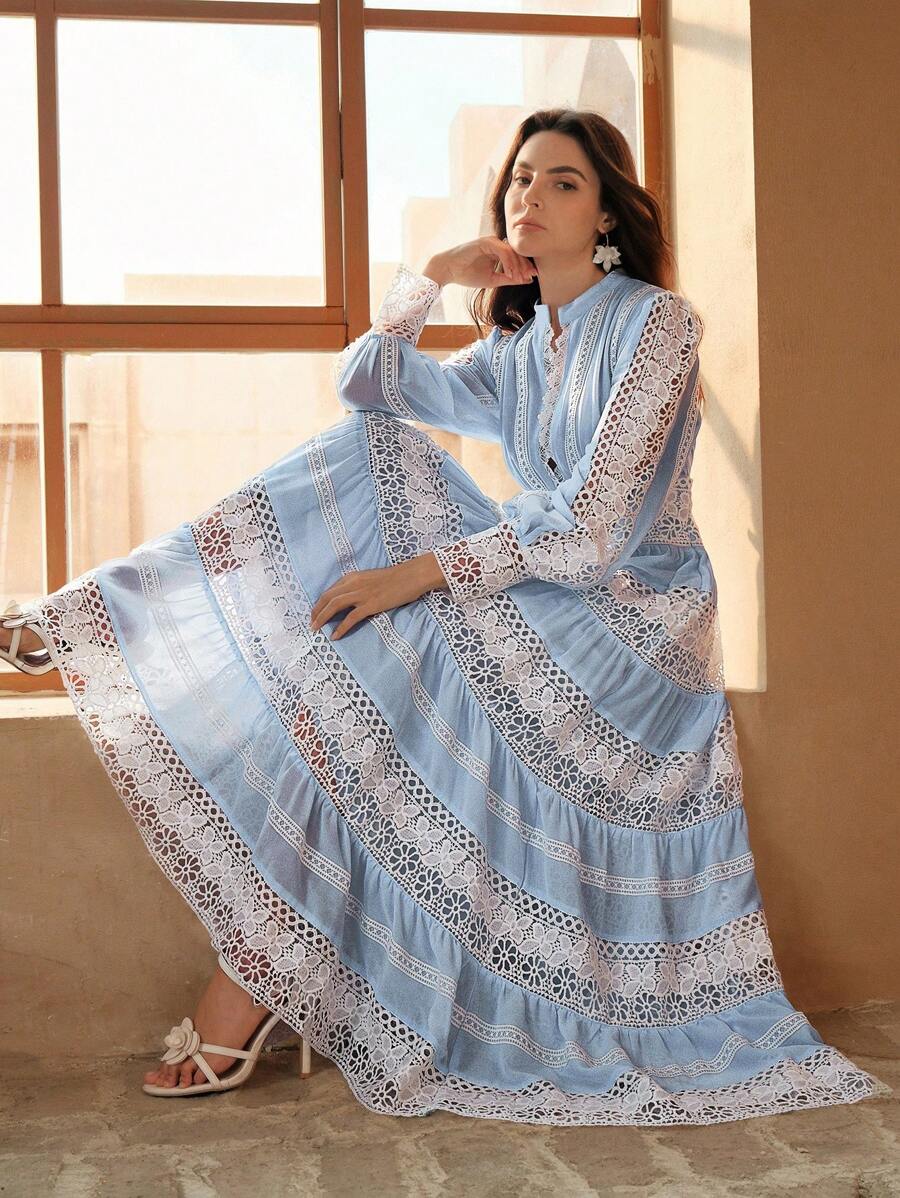 Anewsta Vestido Longo de Renda Macia com Recorte Oco Estilo Palácio da Moda Francesa, Adequado para Primavera, Festival, Férias