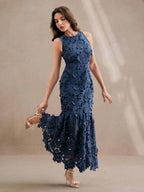 Anewsta Vestido Bodycon de Renda Floral com Decote Halter Feminino, Elegante para Verão, Festival, Férias, Viagem