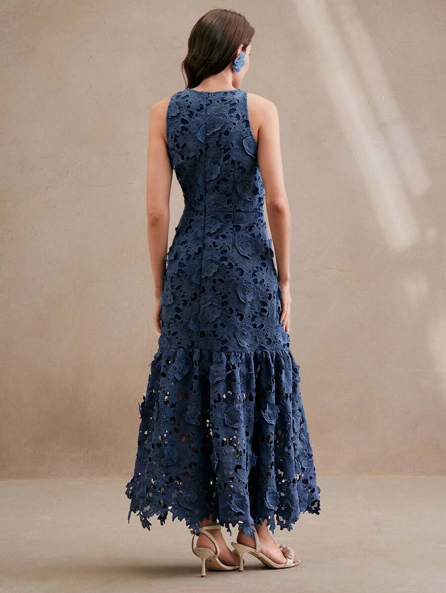 Anewsta Vestido Bodycon de Renda Floral com Decote Halter Feminino, Elegante para Verão, Festival, Férias, Viagem