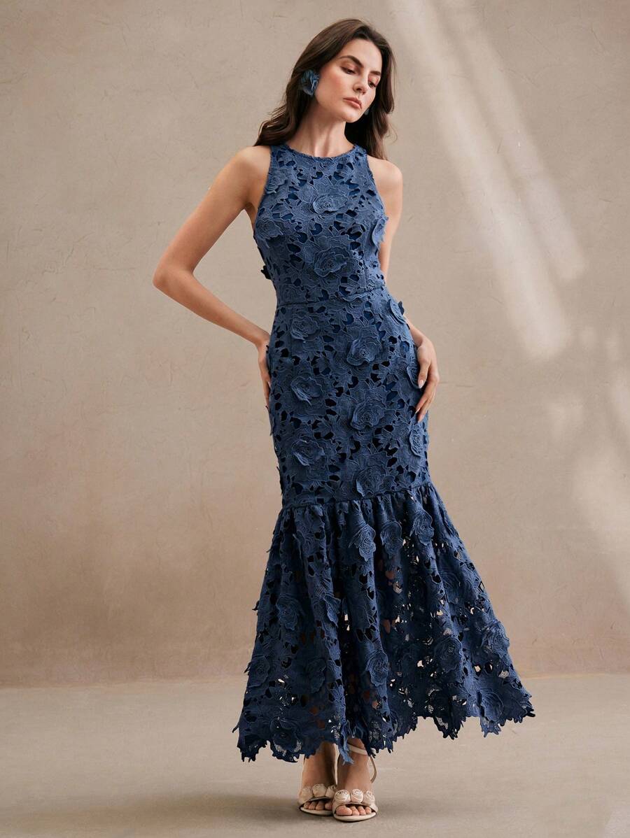 Anewsta Vestido Bodycon de Renda Floral com Decote Halter Feminino, Elegante para Verão, Festival, Férias, Viagem