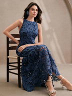 Anewsta Vestido Bodycon de Renda Floral com Decote Halter Feminino, Elegante para Verão, Festival, Férias, Viagem