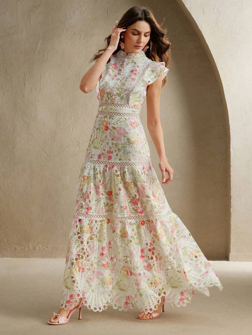 Anewsta Vestido Justo e Solto Feminino com Bordado de Crochê Estampado, Roupa Elegante para Resort