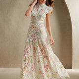 Anewsta Vestido Justo e Solto Feminino com Bordado de Crochê Estampado, Roupa Elegante para Resort