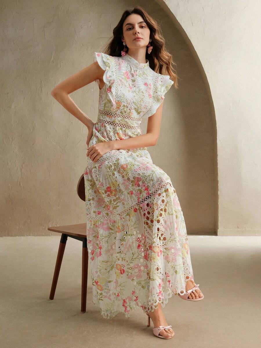 Anewsta Vestido Justo e Solto Feminino com Bordado de Crochê Estampado, Roupa Elegante para Resort