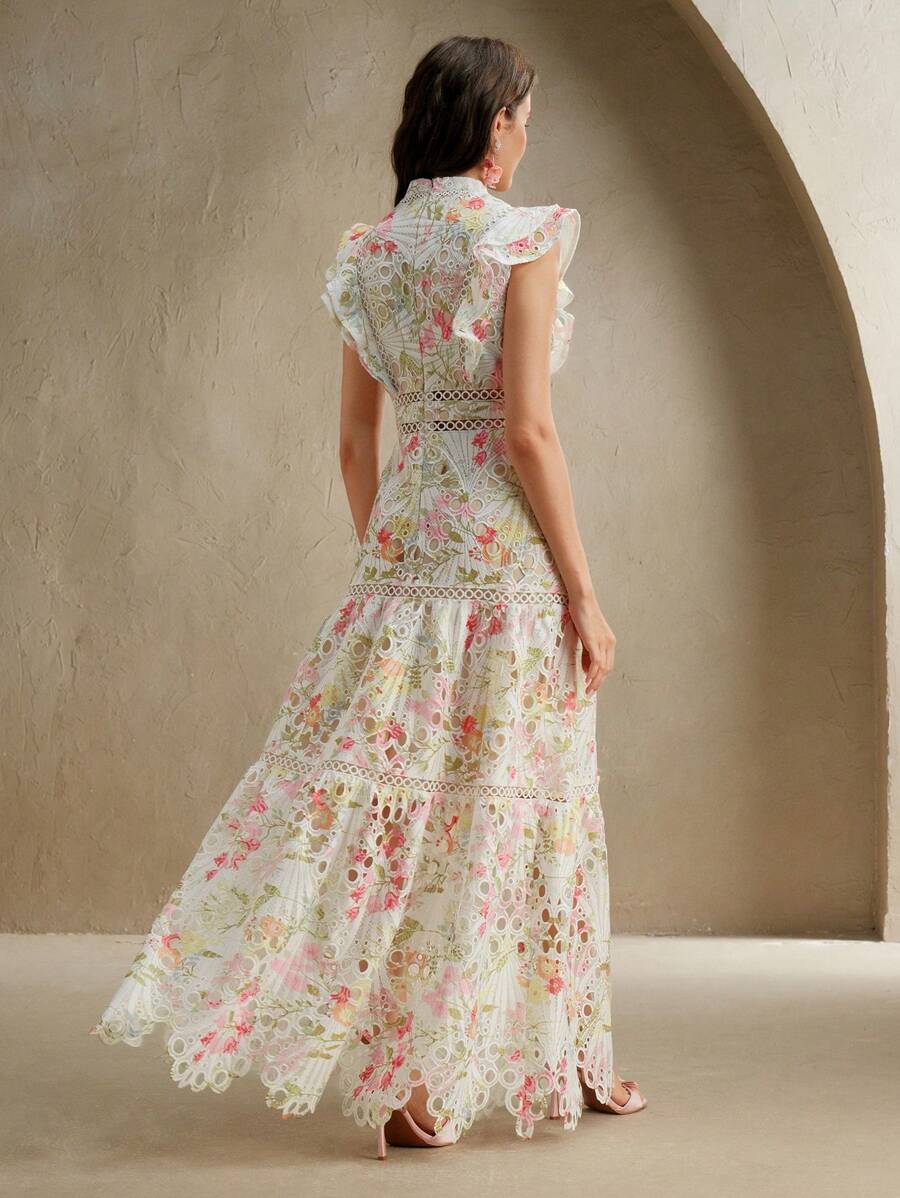 Anewsta Vestido Justo e Solto Feminino com Bordado de Crochê Estampado, Roupa Elegante para Resort