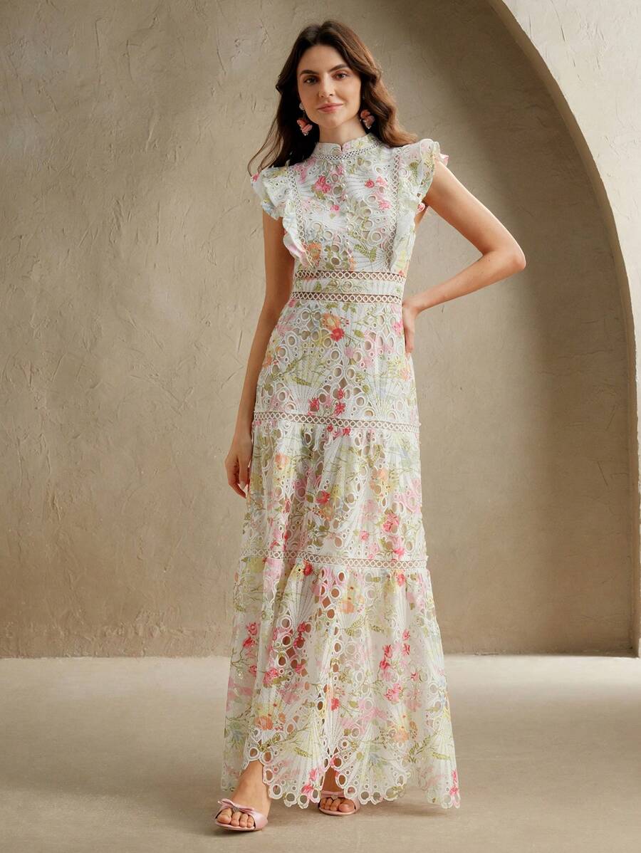 Anewsta Vestido Justo e Solto Feminino com Bordado de Crochê Estampado, Roupa Elegante para Resort