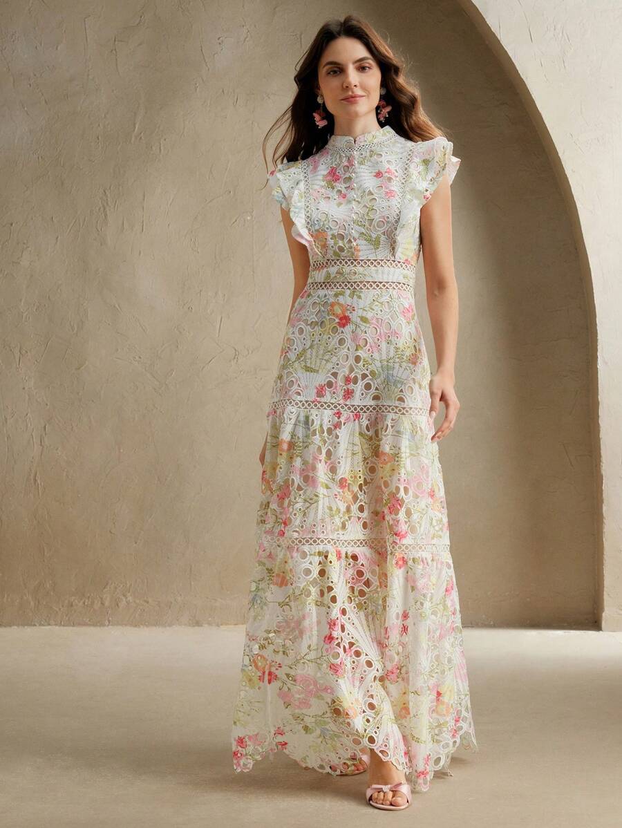 Anewsta Vestido Justo e Solto Feminino com Bordado de Crochê Estampado, Roupa Elegante para Resort
