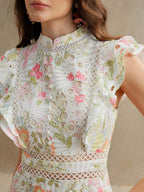 Anewsta Vestido Justo e Solto Feminino com Bordado de Crochê Estampado, Roupa Elegante para Resort