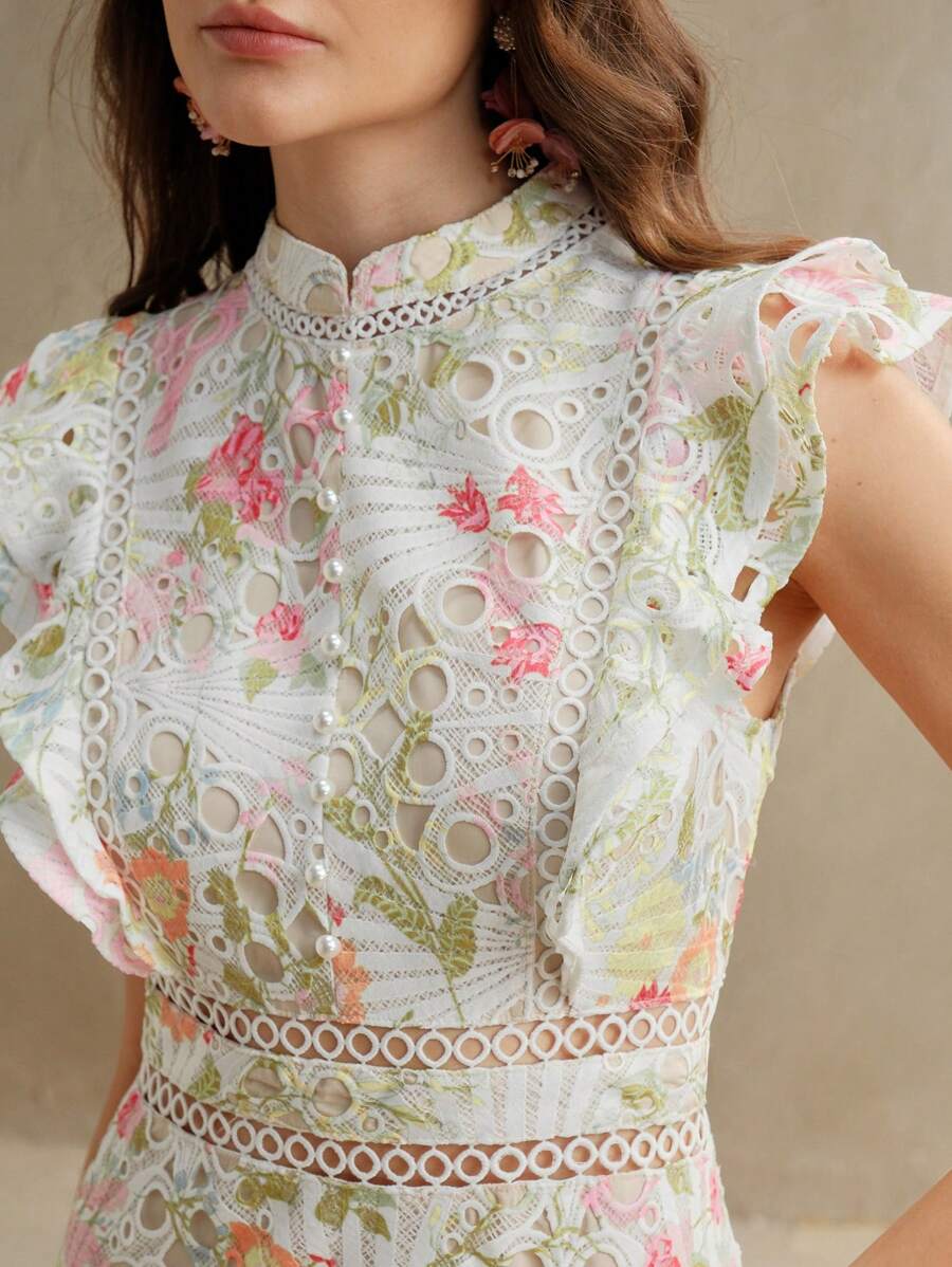 Anewsta Vestido Justo e Solto Feminino com Bordado de Crochê Estampado, Roupa Elegante para Resort