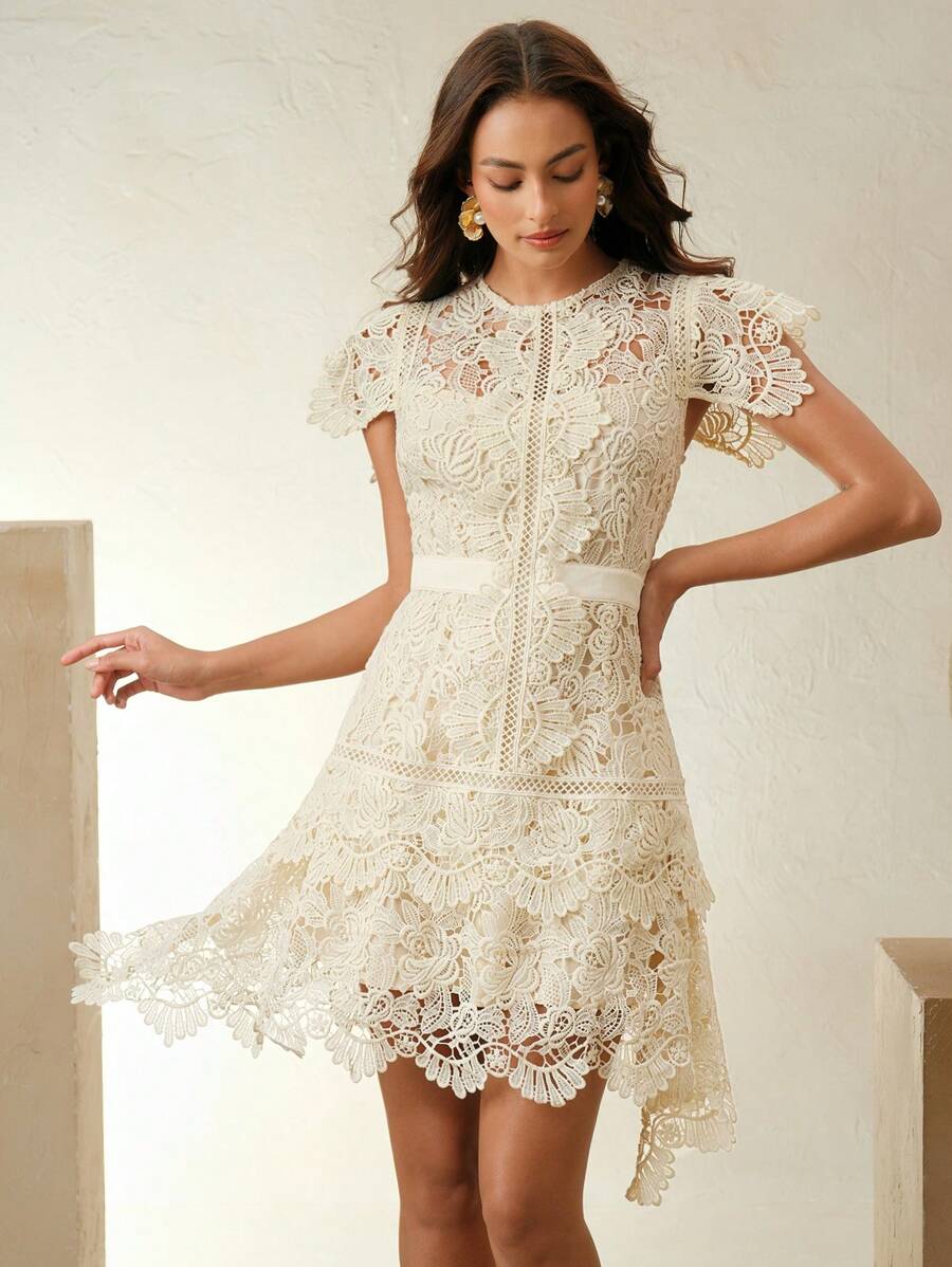 Anewsta Primavera, Férias, Festival Vestido Curto de Manga Curta com Gola Redonda, Floral, Recorte, Bordado, Renda Vazada, Elegante Verão Novidade para Mulheres