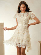 Anewsta Primavera, Férias, Festival Vestido Curto de Manga Curta com Gola Redonda, Floral, Recorte, Bordado, Renda Vazada, Elegante Verão Novidade para Mulheres