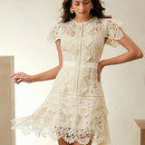 Anewsta Primavera, Férias, Festival Vestido Curto de Manga Curta com Gola Redonda, Floral, Recorte, Bordado, Renda Vazada, Elegante Verão Novidade para Mulheres