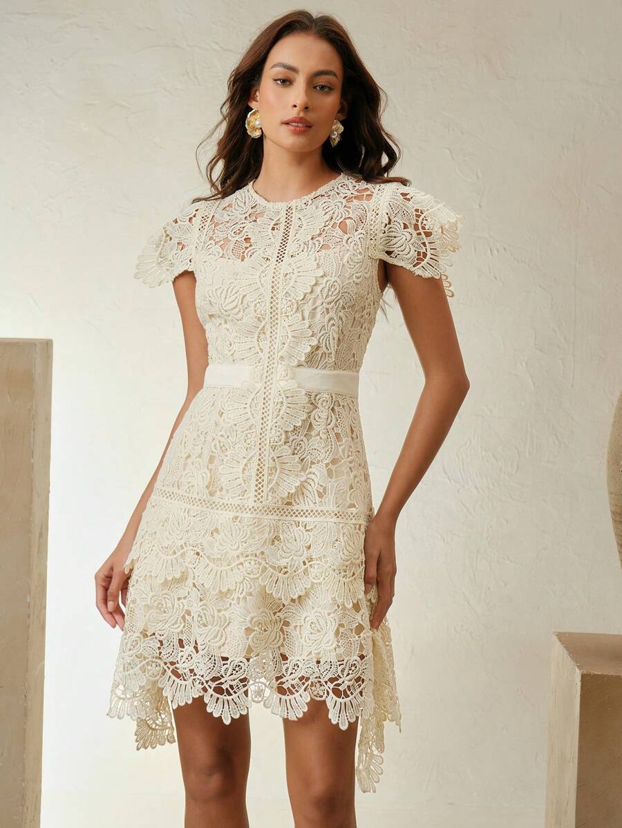 Anewsta Primavera, Férias, Festival Vestido Curto de Manga Curta com Gola Redonda, Floral, Recorte, Bordado, Renda Vazada, Elegante Verão Novidade para Mulheres