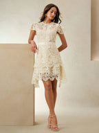 Anewsta Primavera, Férias, Festival Vestido Curto de Manga Curta com Gola Redonda, Floral, Recorte, Bordado, Renda Vazada, Elegante Verão Novidade para Mulheres