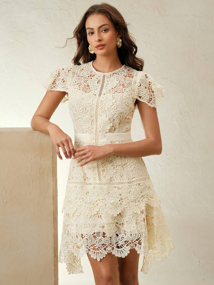 Anewsta Primavera, Férias, Festival Vestido Curto de Manga Curta com Gola Redonda, Floral, Recorte, Bordado, Renda Vazada, Elegante Verão Novidade para Mulheres