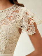 Anewsta Primavera, Férias, Festival Vestido Curto de Manga Curta com Gola Redonda, Floral, Recorte, Bordado, Renda Vazada, Elegante Verão Novidade para Mulheres