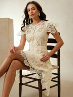 Anewsta Primavera, Férias, Festival Vestido Curto de Manga Curta com Gola Redonda, Floral, Recorte, Bordado, Renda Vazada, Elegante Verão Novidade para Mulheres