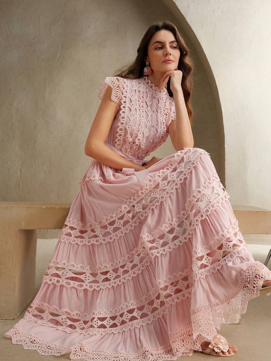 Anewsta Vestido Elegante de Renda Colorida Sólida com Recorte, Sem Mangas, Para Mulheres, Verão, Praia, Férias, Casual
