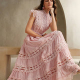 Anewsta Vestido longo elegante de renda com cor sólida e recortes para mulheres, Verão, Praia, Feriado, Casual