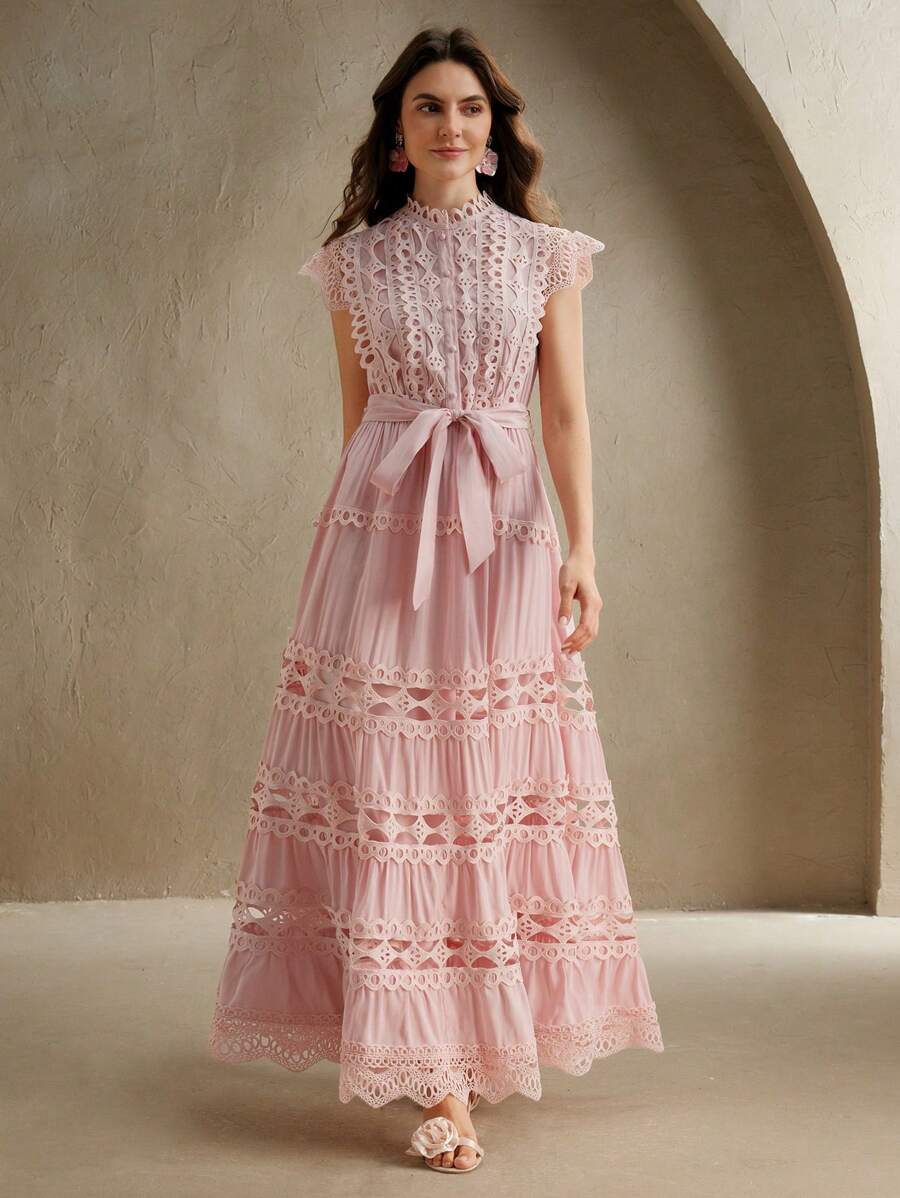 Anewsta Vestido longo elegante de renda com cor sólida e recortes para mulheres, Verão, Praia, Feriado, Casual