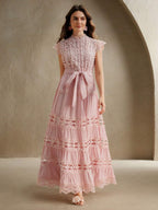 Anewsta Vestido longo elegante de renda com cor sólida e recortes para mulheres, Verão, Praia, Feriado, Casual