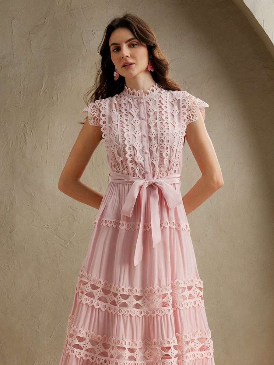 Anewsta Vestido longo elegante de renda com cor sólida e recortes para mulheres, Verão, Praia, Feriado, Casual