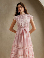 Anewsta Vestido longo elegante de renda com cor sólida e recortes para mulheres, Verão, Praia, Feriado, Casual
