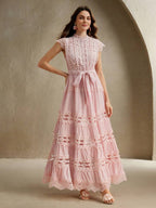 Anewsta Vestido longo elegante de renda com cor sólida e recortes para mulheres, Verão, Praia, Feriado, Casual