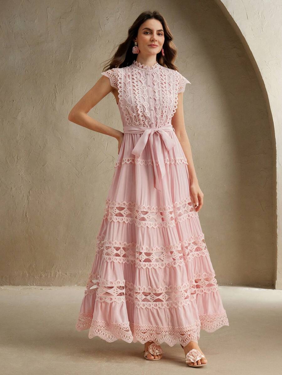 Anewsta Vestido Elegante de Renda Colorida Sólida com Recorte, Sem Mangas, Para Mulheres, Verão, Praia, Férias, Casual