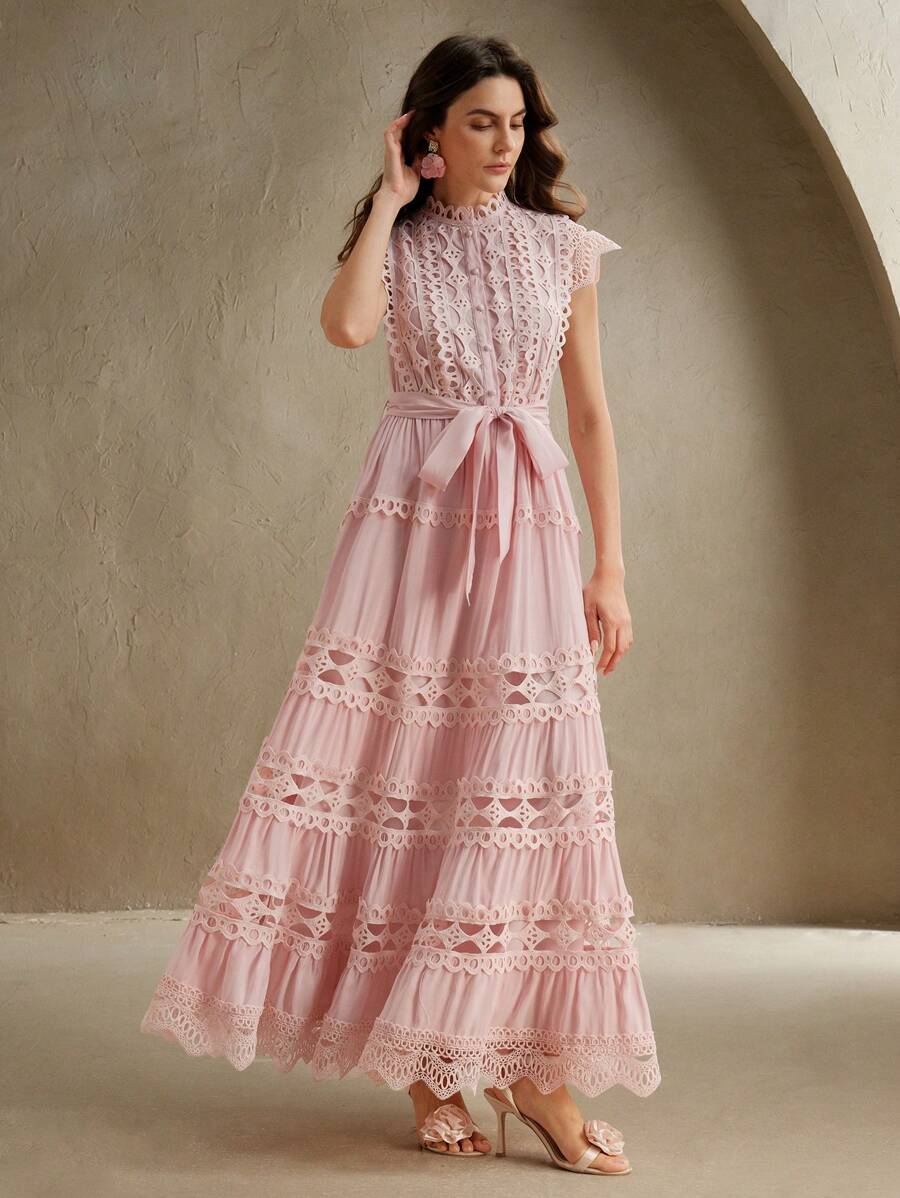 Anewsta Vestido longo elegante de renda com cor sólida e recortes para mulheres, Verão, Praia, Feriado, Casual