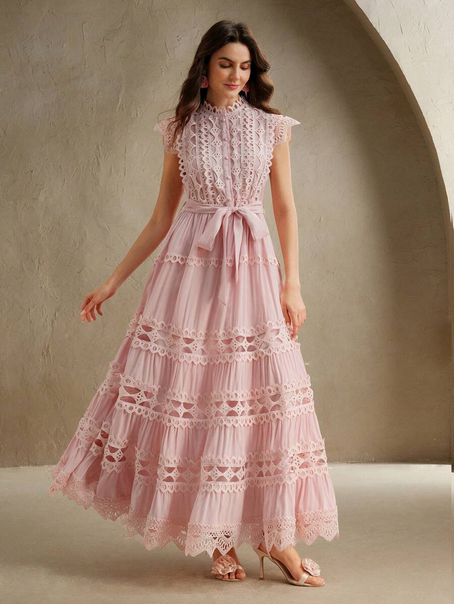 Anewsta Vestido longo elegante de renda com cor sólida e recortes para mulheres, Verão, Praia, Feriado, Casual