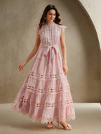 Anewsta Vestido longo elegante de renda com cor sólida e recortes para mulheres, Verão, Praia, Feriado, Casual