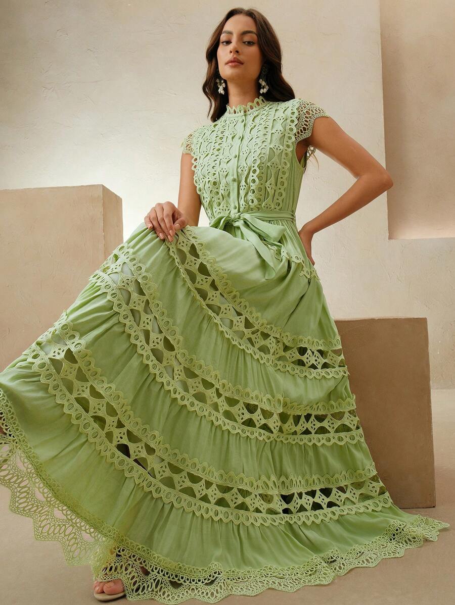 Anewsta Vestido Longo Elegante Feminino de Cor Sólida com Aplicação de Renda, Verão, Praia, Férias, Casual