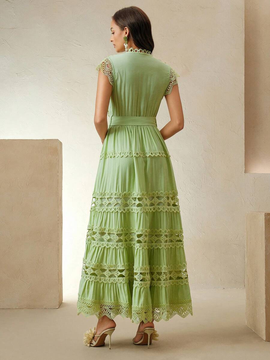 Anewsta Vestido longo elegante de renda com cor sólida e recortes para mulheres, Verão, Praia, Feriado, Casual