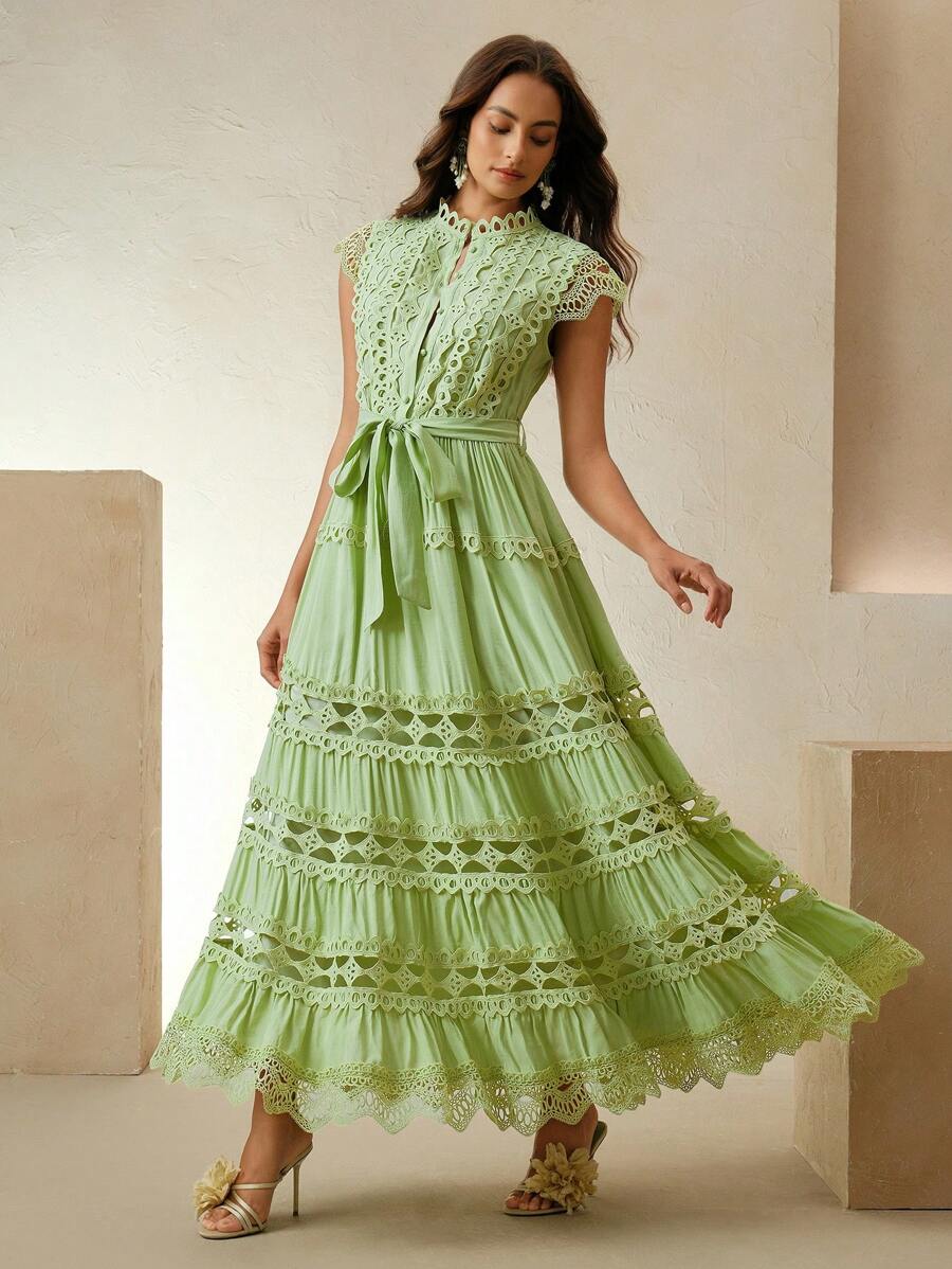 Anewsta Vestido longo elegante de renda com cor sólida e recortes para mulheres, Verão, Praia, Feriado, Casual