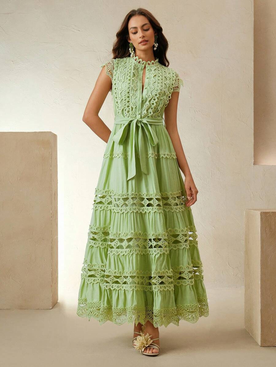 Anewsta Vestido longo elegante de renda com cor sólida e recortes para mulheres, Verão, Praia, Feriado, Casual