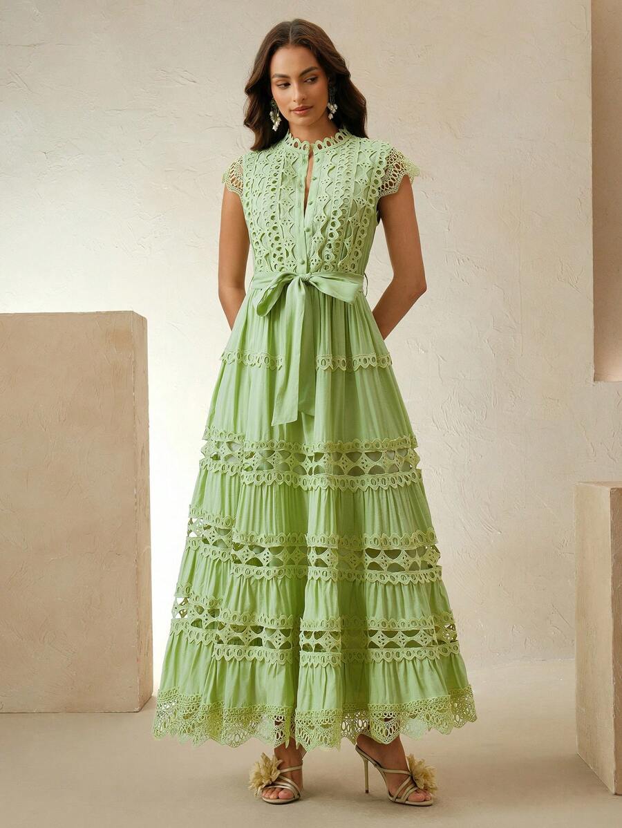 Anewsta Vestido Longo Elegante Feminino de Cor Sólida com Aplicação de Renda, Verão, Praia, Férias, Casual