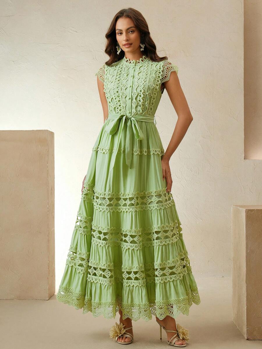 Anewsta Vestido longo elegante de renda com cor sólida e recortes para mulheres, Verão, Praia, Feriado, Casual