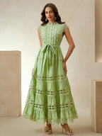 Anewsta Vestido longo elegante de renda com cor sólida e recortes para mulheres, Verão, Praia, Feriado, Casual