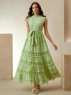 Anewsta Vestido longo elegante de renda com cor sólida e recortes para mulheres, Verão, Praia, Feriado, Casual