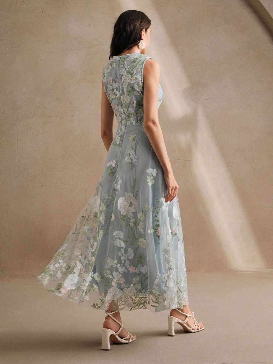 Anewsta Vestido Floral Bordado Sem Mangas Feminino, Elegante e Chique para Férias, Festivais, Páscoa, Vestido de Convidado de Casamento, Primavera/Verão