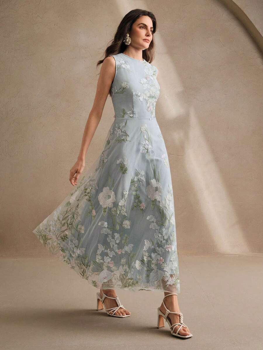 Anewsta Vestido Floral Bordado Sem Mangas Feminino, Elegante e Chique para Férias, Festivais, Páscoa, Vestido de Convidado de Casamento, Primavera/Verão