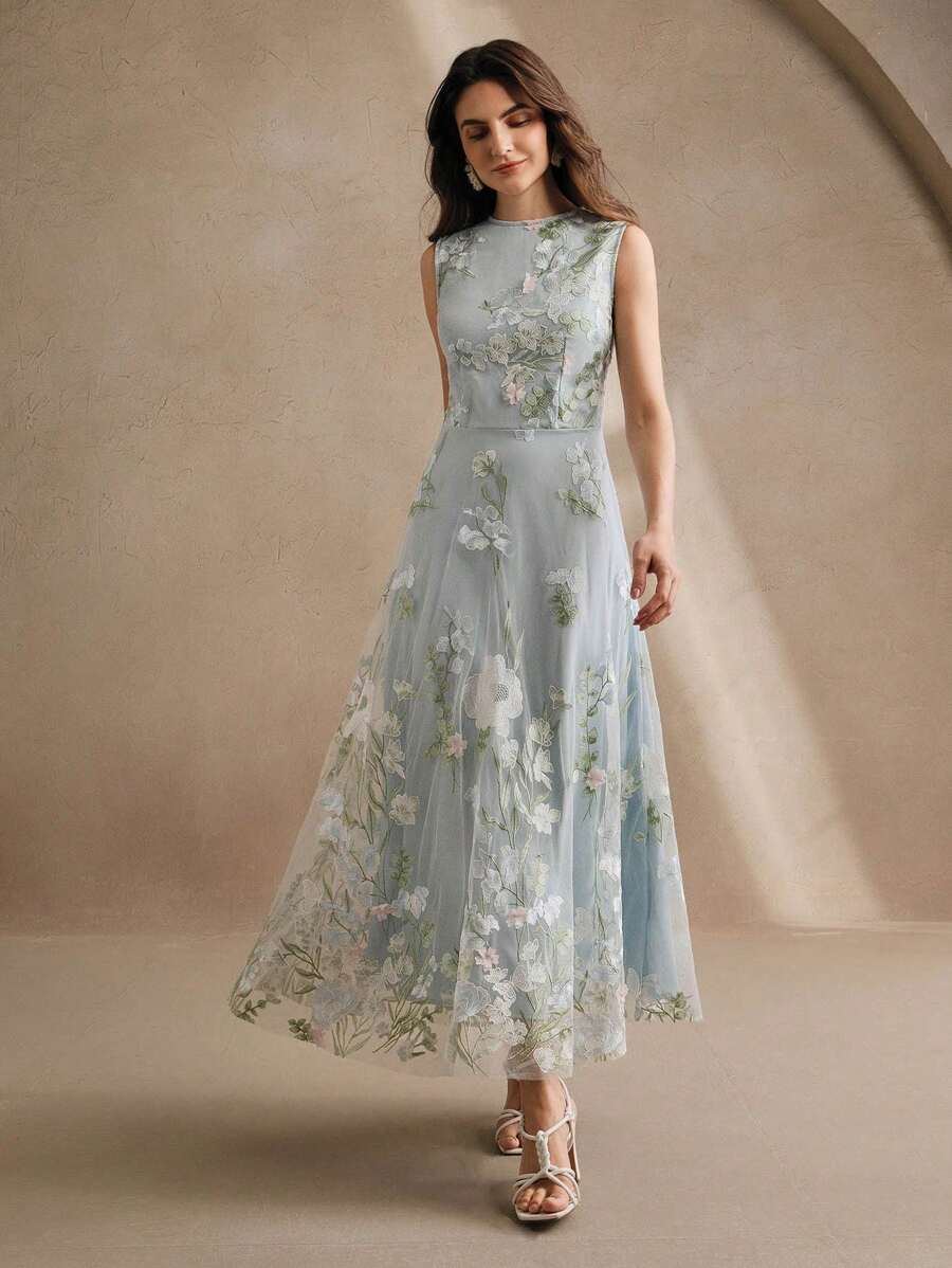 Anewsta Vestido Floral Bordado Sem Mangas Feminino, Elegante e Chique para Férias, Festivais, Páscoa, Vestido de Convidado de Casamento, Primavera/Verão