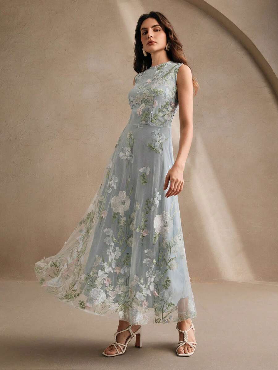 Anewsta Vestido Floral Bordado Sem Mangas Feminino, Elegante e Chique para Férias, Festivais, Páscoa, Vestido de Convidado de Casamento, Primavera/Verão