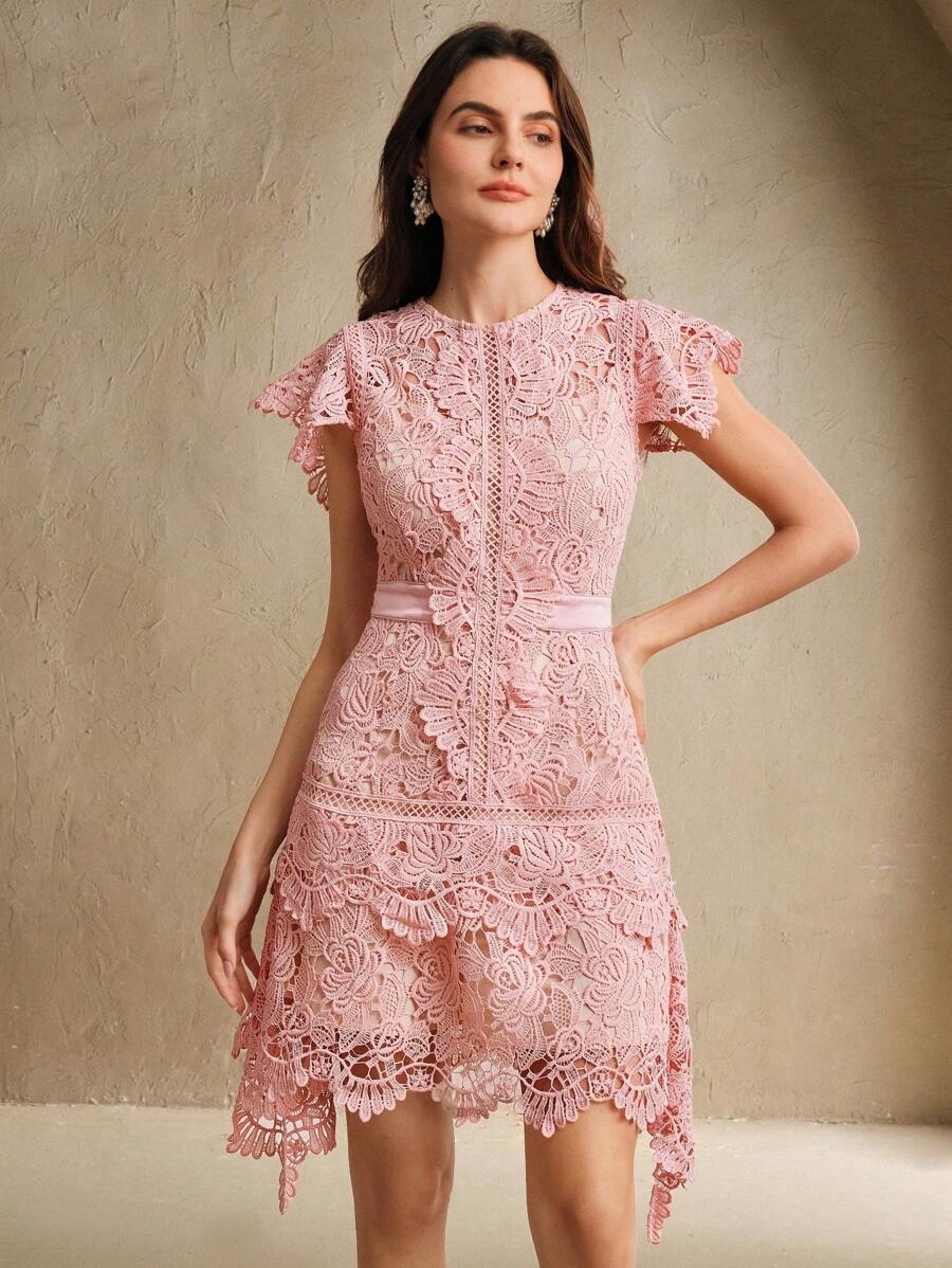 Anewsta Primavera, Férias, Festival Vestido Curto de Manga Curta com Gola Redonda, Floral, Recorte, Bordado, Renda Vazada, Elegante Verão Novidade para Mulheres
